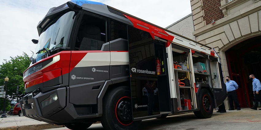 Rosenbauer's Revolutionary Technology (RT) fully electric fire truck visits Engine 3 in Washington, D.C 