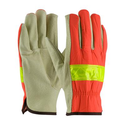 Protective Industrial Products 125-368 Top Grain Pigskin Leather Palm Drivers Glove with Hi-Vis Fabric Back - Keystone Thumb