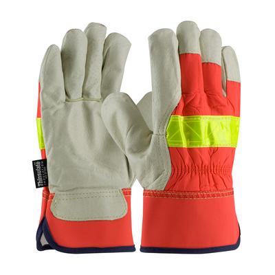 Protective Industrial Products 125-458 Pigskin Leather Palm Glove with Hi-Vis Nylon Back and 3M™ Thinsulate™ Lining - Rubberized Safety Cuff