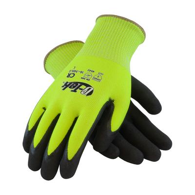 Protective Industrial Products 16-340LG Hi-Vis Seamless Knit PolyKor® Blended Glove with Double-Dipped Nitrile Coated MicroSurface Grip on Palm & Fingers