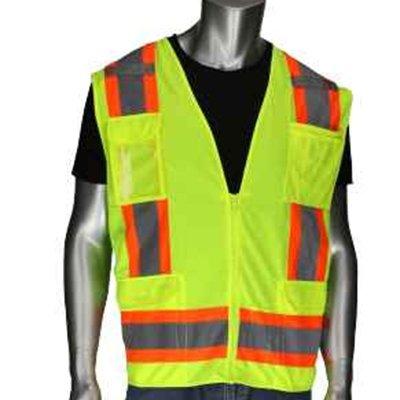 Protective Industrial Products 302-0500D ANSI Type R Class 2 Two-Tone Eleven Pocket Surveyors Vest with Solid Front, Mesh Back  and 