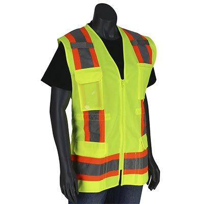 Protective Industrial Products 302-0512 ANSI Type R Class 2 Women's Contoured Two-Tone Eleven Pocket Surveyors Vest with Solid Front and Mesh Back