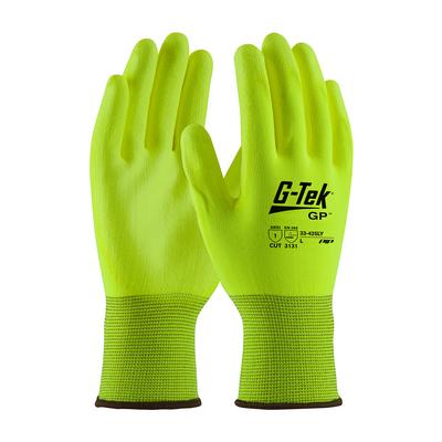 Protective Industrial Products 33-425LY Hi-Vis Seamless Knit Polyester Glove with Polyurethane Coated Flat Grip on Palm & Fingers