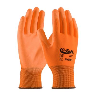 Protective Industrial Products 33-425OR Hi-Vis Seamless Knit Polyester Glove with Polyurethane Coated Flat Grip on Palm & Fingers