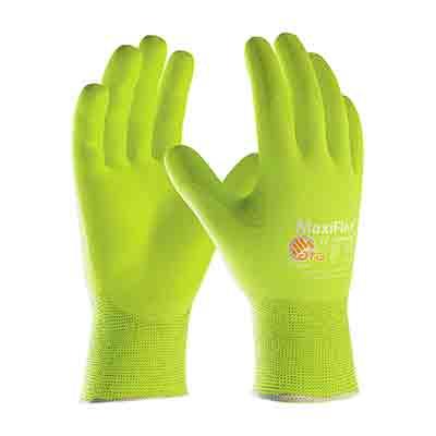 Protective Industrial Products 34-874FY Hi-Vis Seamless Knit Nylon / Elastane Glove with Nitrile Coated MicroFoam Grip on Palm & Fingers