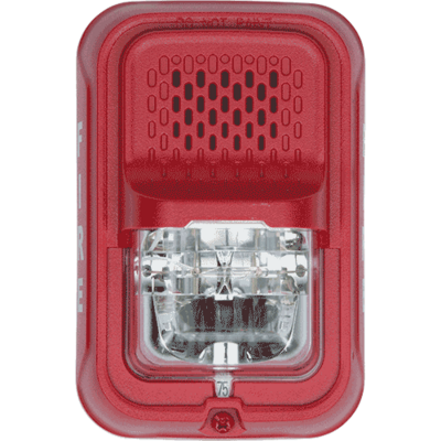 System sensor P2GRL L-Series, red, wall-mountable, clear lens, 2-wire, compact footprint that fits in a single gang box, horn strobe marked 