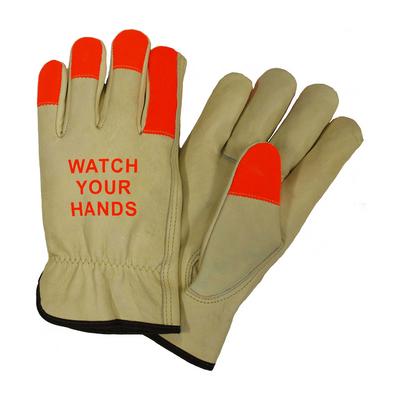 Protective Industrial Products 990KOT Regular Grade Top Grain Cowhide Leather Drivers Glove with Hi-Vis Fingertips and "WATCH YOUR HANDS" Logo - Keystone Thumb