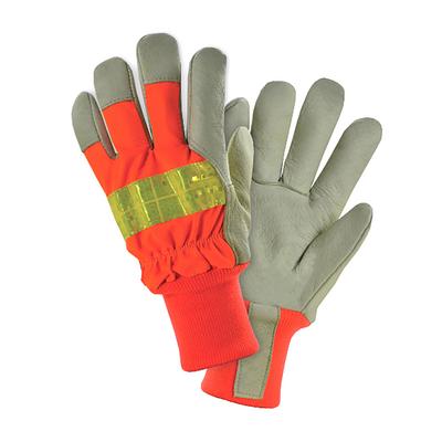 Protective Industrial Products HVO1555 Pigskin Leather Palm Glove with Hi-Vis Nylon Back and White Thermal Lining - Knit Wrist